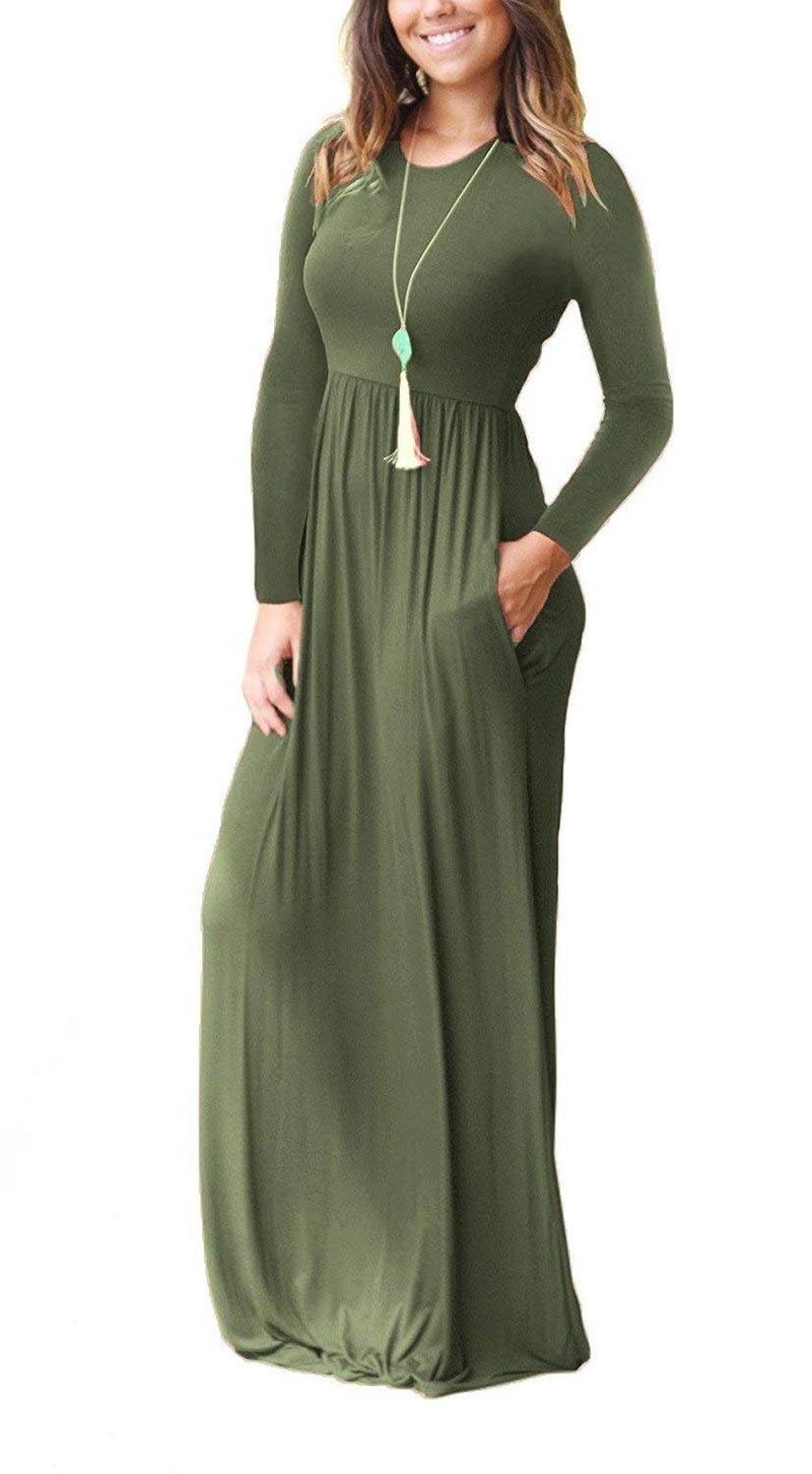 MISFAY Women's Long Sleeve Loose Plain Maxi Dresses Casual Long Dresses Pocket(Army Green,L) - Image 1